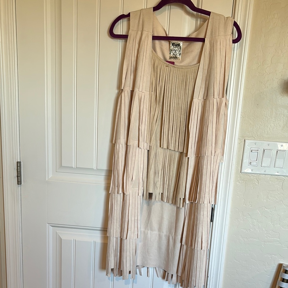 Sleeveless Fringe 2 Piece Duster Vest in Light Beige NWT Sz Med
